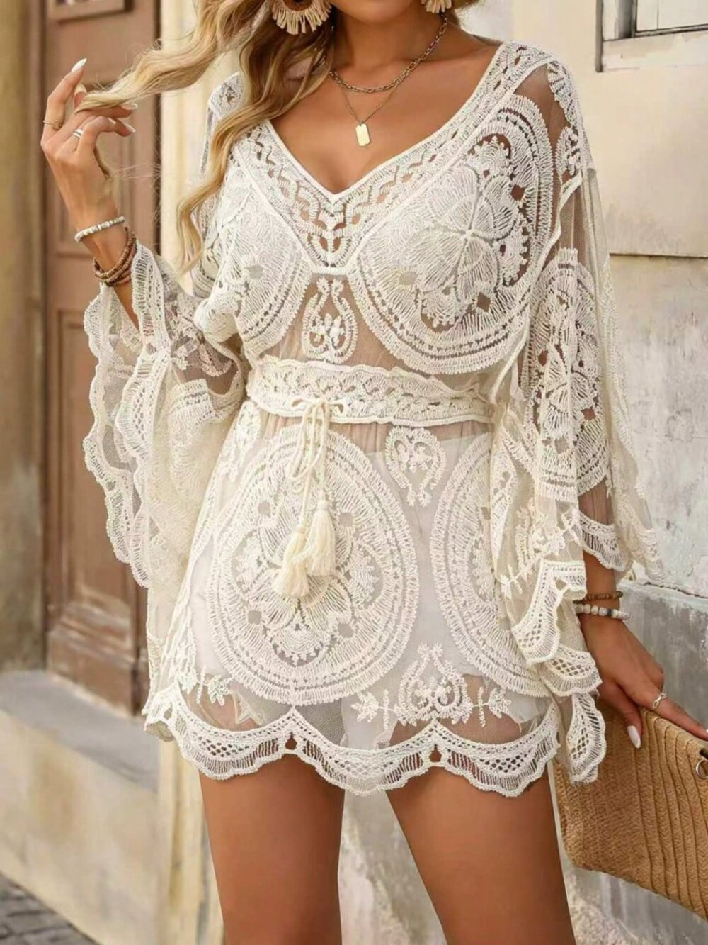 Apricot Boho Chic Women's Paisley Knit Beach Cover-Up with Batwing Sleeves - Picture 4 of 6